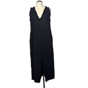 Zara V Neck Dark Wash Black Denim Sleeveless Front Slit Midi Frayed Dress S